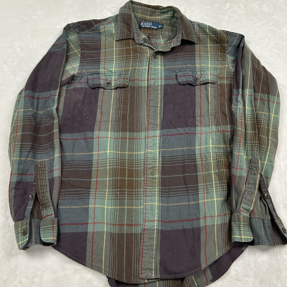 Polo Ralph Lauren Button Down Shirt Mens Large Green Plaid Flannel Long Sleeve